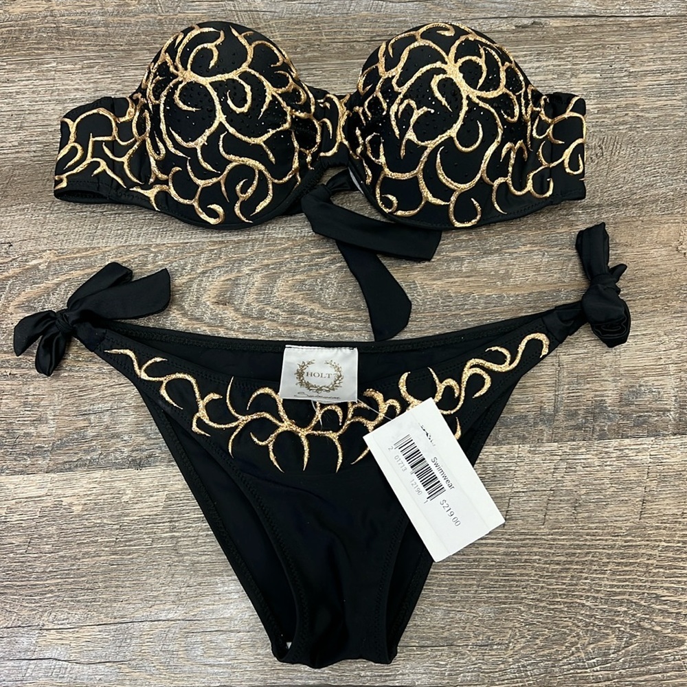 NWT Holt 2 Piece Gold Scrolled Glitter Sequined Detail Bikini Size Large